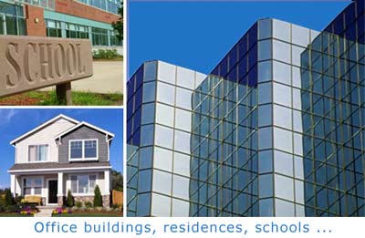 Images of a school, home and office building